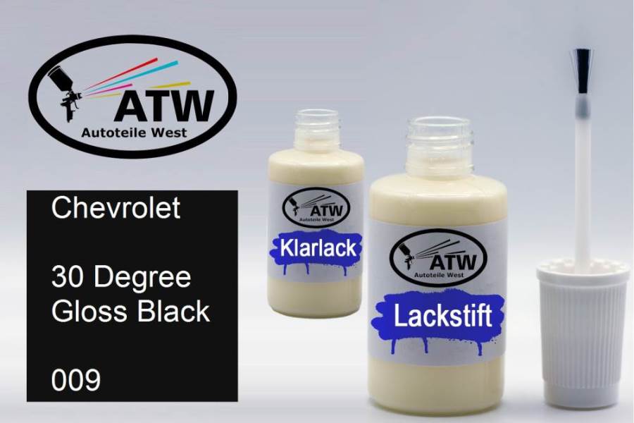 Chevrolet, 30 Degree Gloss Black, 009: 20ml Lackstift + 20ml Klarlack - Set, von ATW Autoteile West.